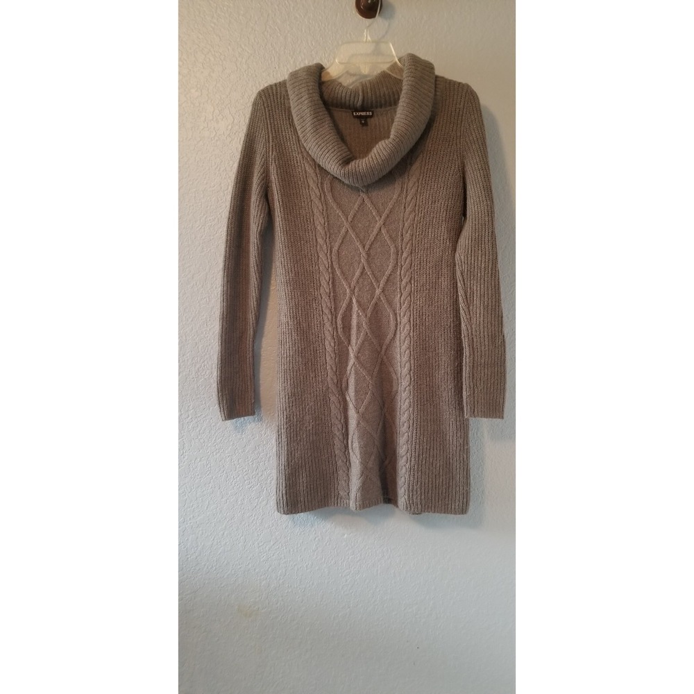 EXPRESS Sweater Tunic Dress Wool Blend Long Sleeve XS Cowl Neck Cable Knit Gray